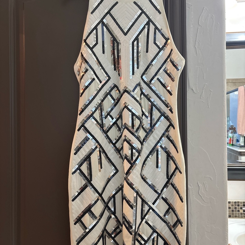 Express XS White Black Sequin Geometric Bodycon Cocktail Dress Art Deco